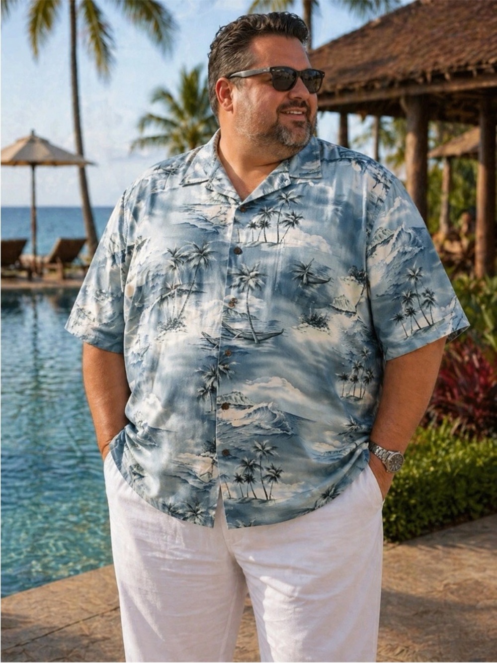 RJC Hawaiian Shirt Men 4XL Blue Tropical Aloha Camp Button Up Made Hawaii
